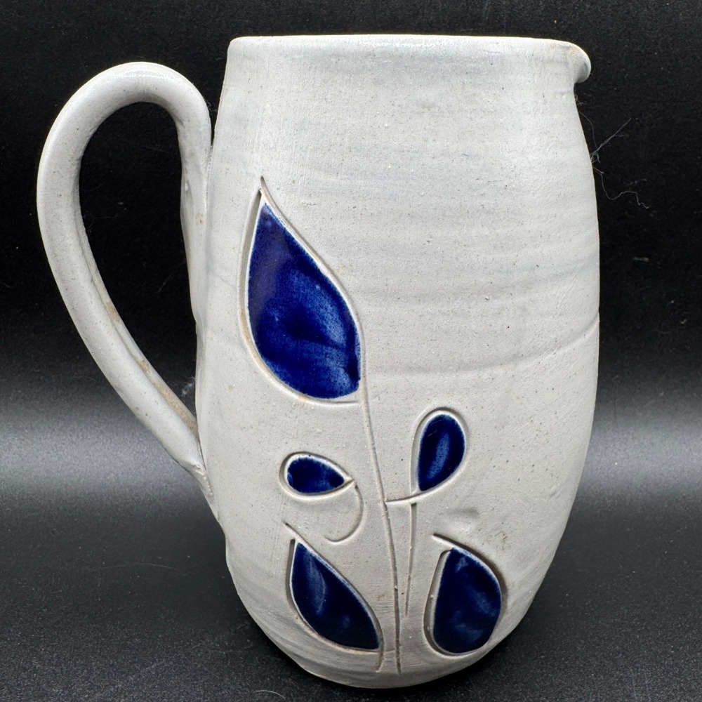 Vintage Williamsburg Pottery Salt Glaze Pitcher Cobalt Blue Leaf Stoneware VA